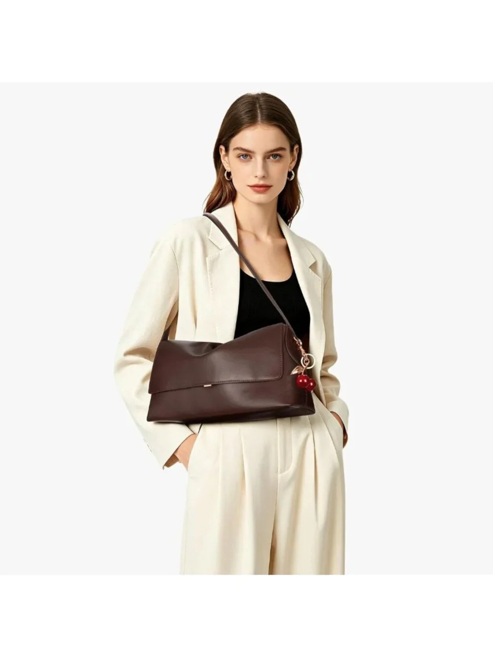 Vintage Large Faux Leather Hobo Bag for Women - Stylish Cherry Shoulder Handbag